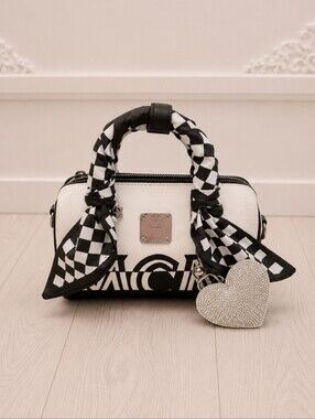 MCM White and Black Logo Mini Boston Bag
